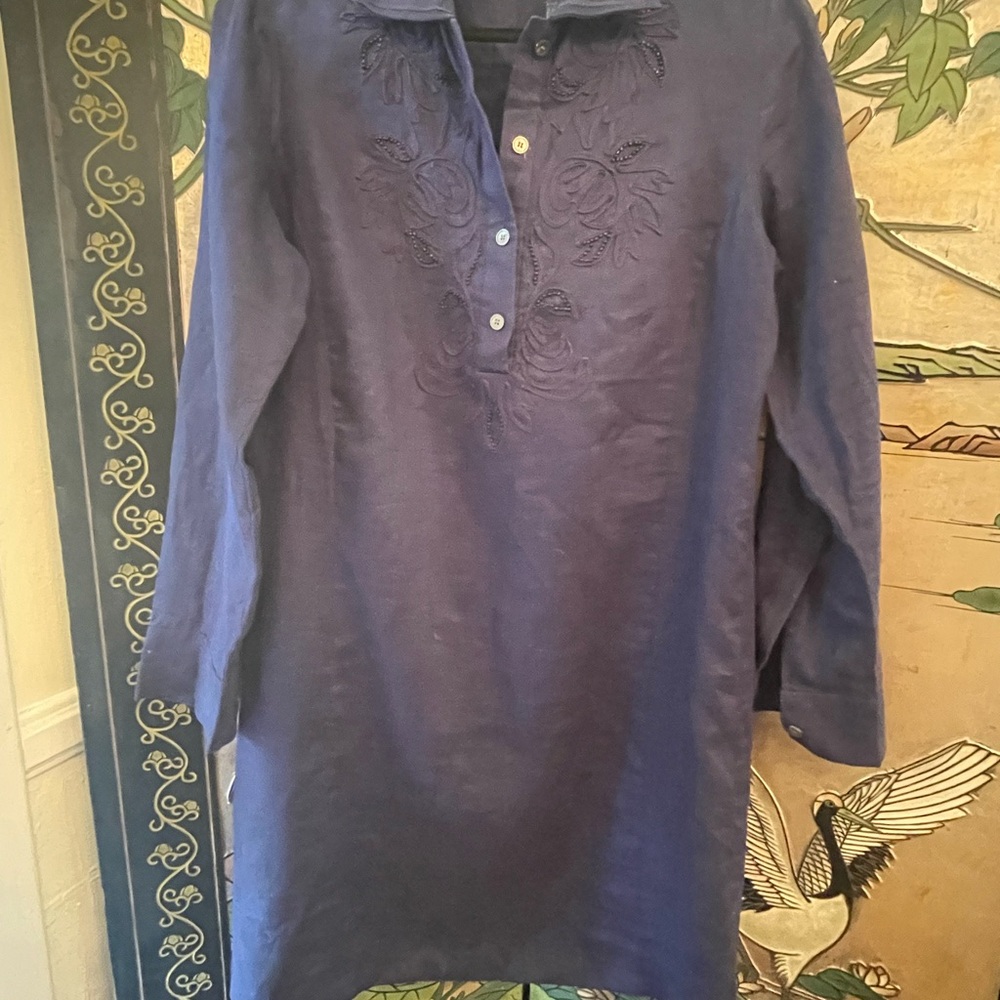 Talbots Navy Blue Linen Dress with Embroidery Sz 6P